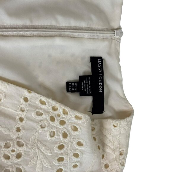 Maggy London Ivory Eyelet Midi Dress Size 12 – Sleeveless Fit & Flare - Picture 8 of 11